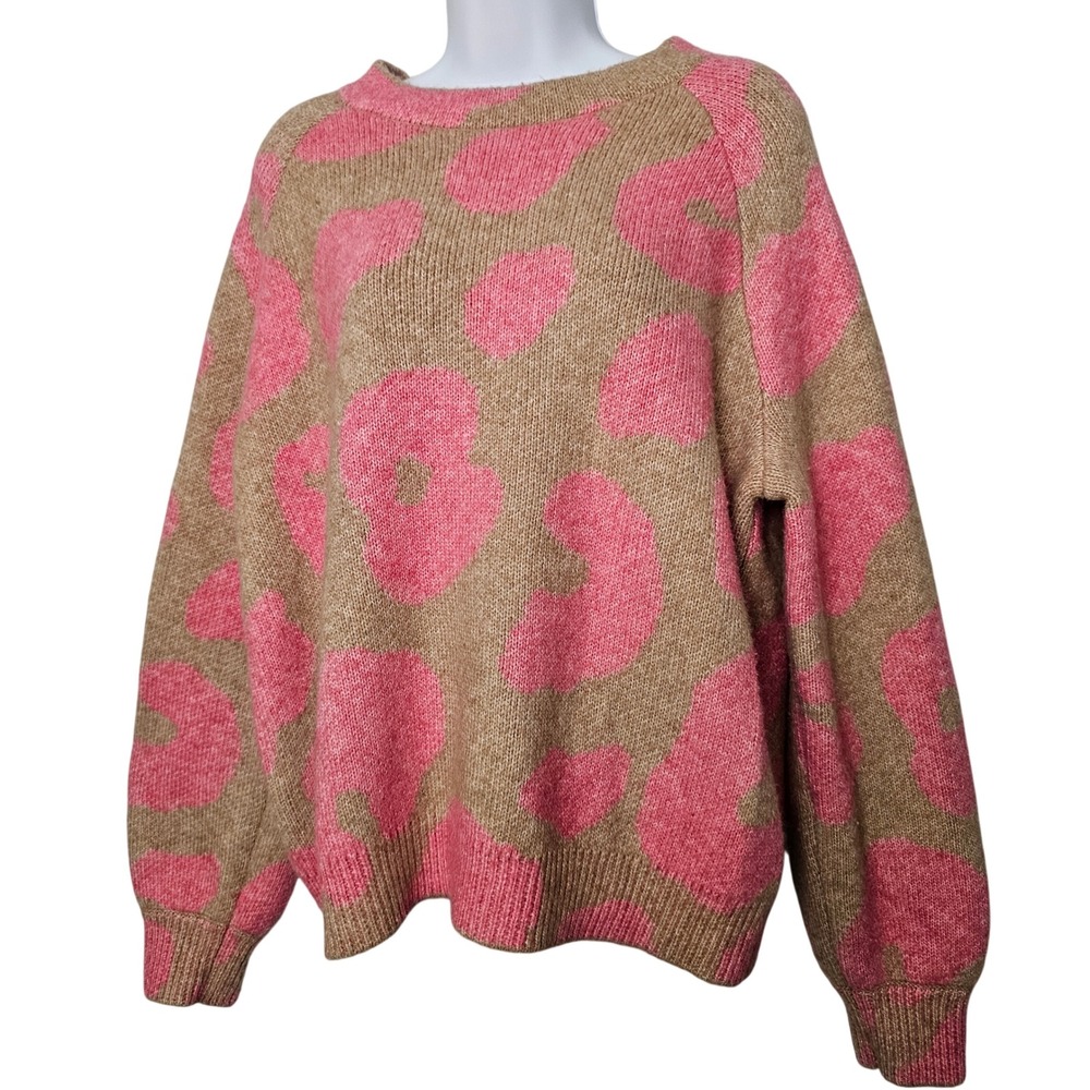 Lou & Grey Women Leopard Print Knit Sweater Large Tan Pink Cozy Boho